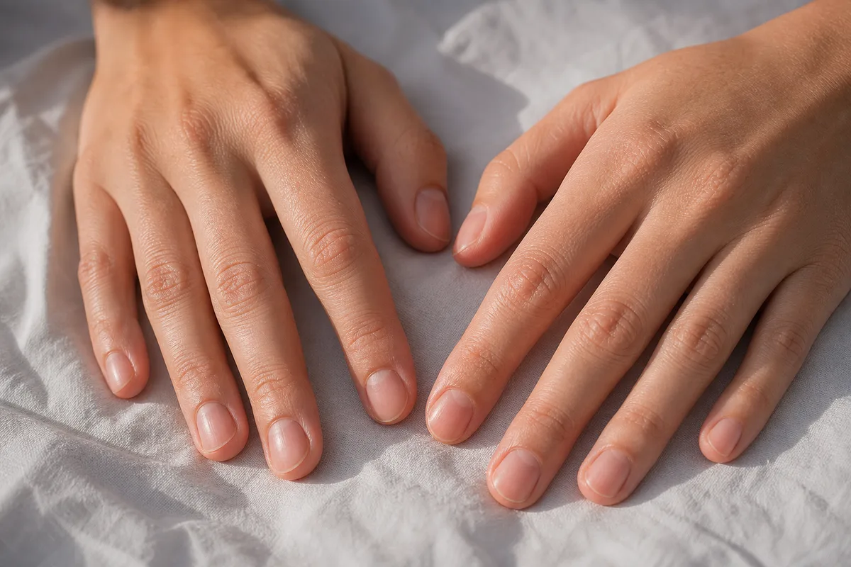 Gros plan sur une main aux ongles courts et nus, sillons verticaux visibles en lumière rasante