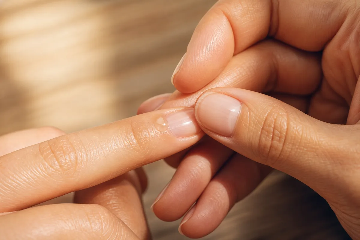 Massage d’une goutte d’huile sur le contour de l’ongle, gros plan sur les mains
