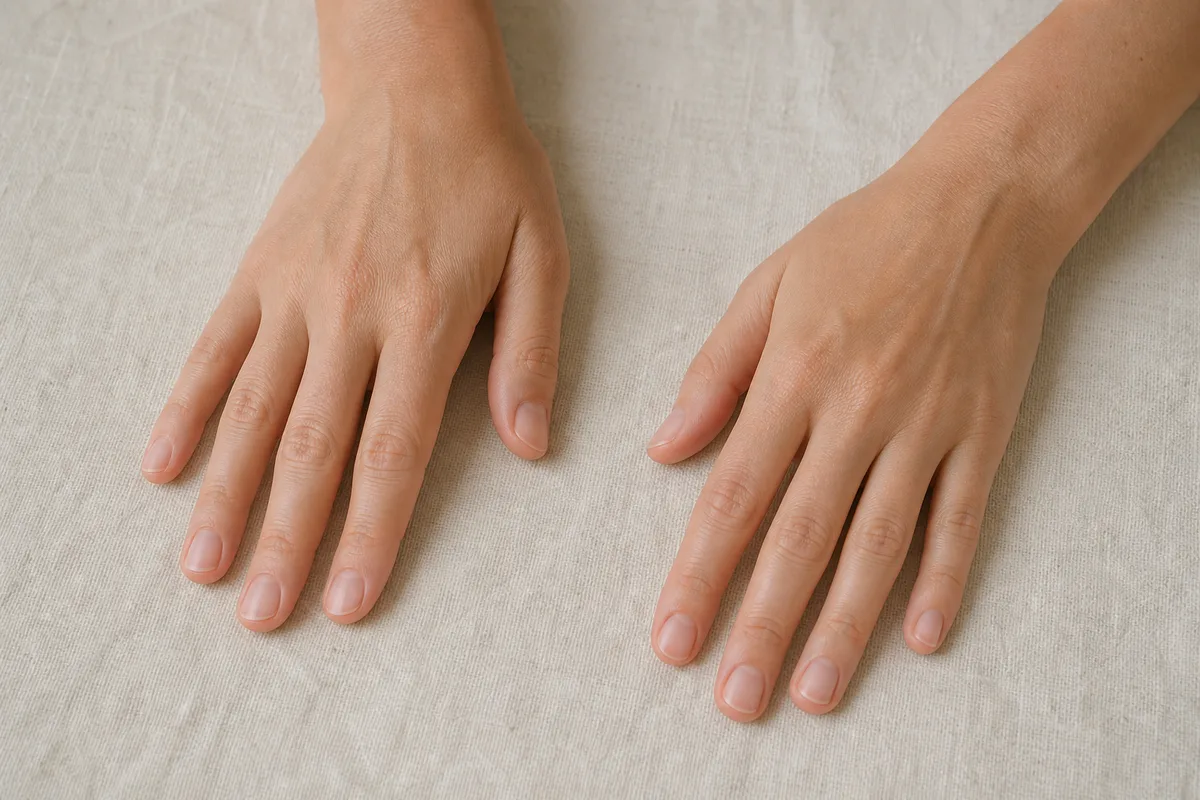 Mains posées à plat sur un linge clair, ongles courts et nets, lumière naturelle douce